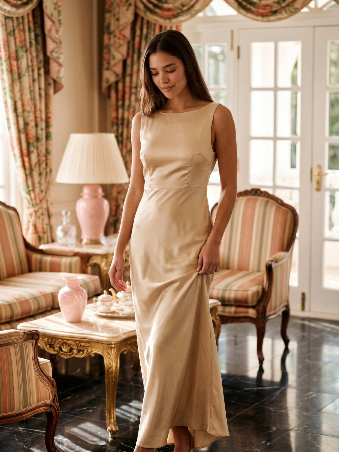 Champagne Satin Column Scoop Neck Backless Floor-Length Bridesmaid Dress with Pleats