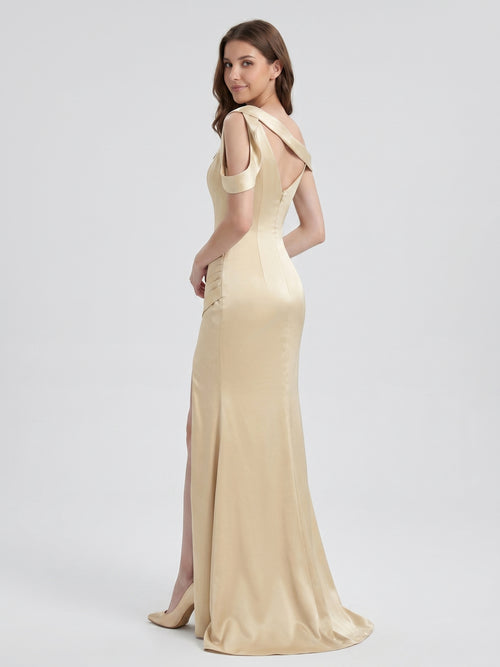 Champagne Satin Floor-Length Mermaid Bridesmaid Dress V-Neck Back Zipper