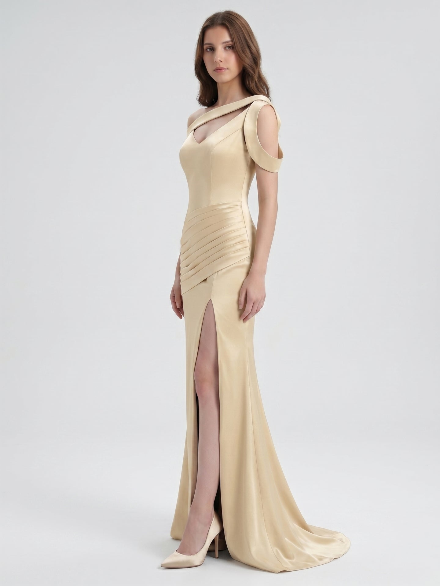 Champagne Satin Floor-Length Mermaid Bridesmaid Dress V-Neck Back Zipper