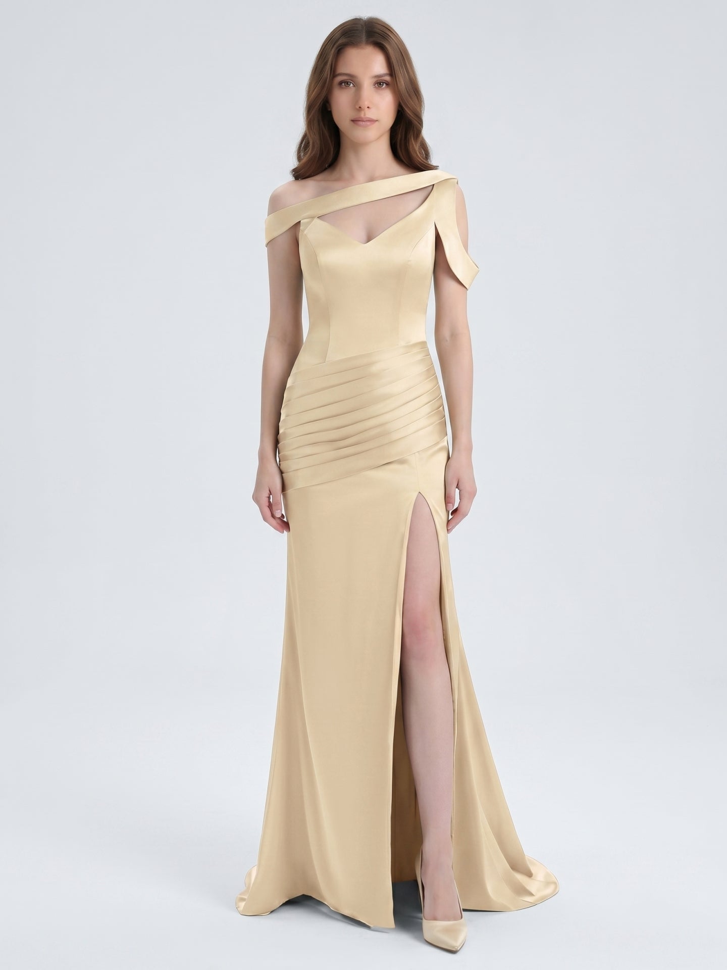 Champagne Satin Floor-Length Mermaid Bridesmaid Dress V-Neck Back Zipper