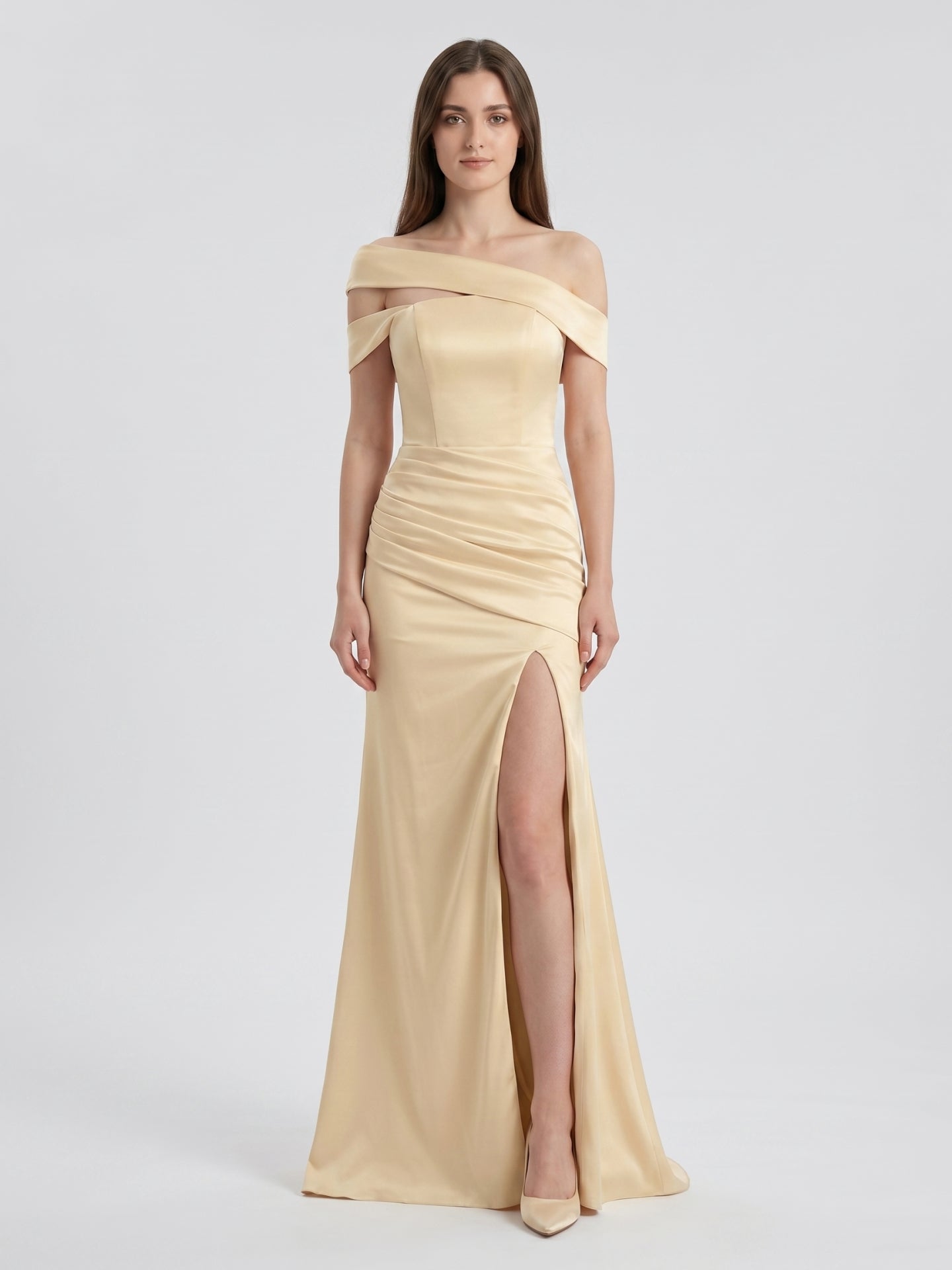 Champagne Satin Mermaid Off-Shoulder Zip-Back Floor-Length Bridesmaid Dress with Pleats