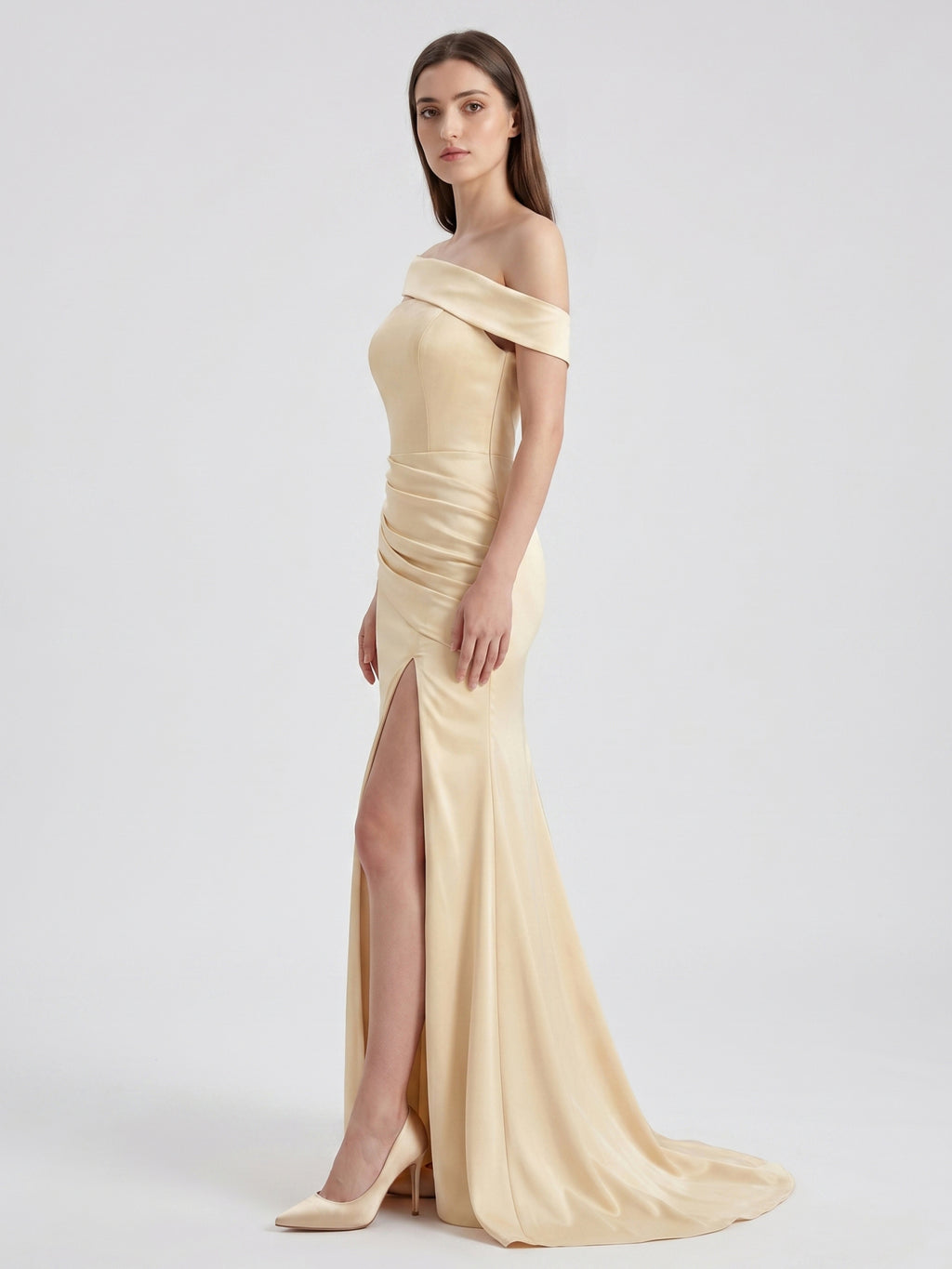Champagne Satin Mermaid Off-Shoulder Zip-Back Floor-Length Bridesmaid Dress with Pleats