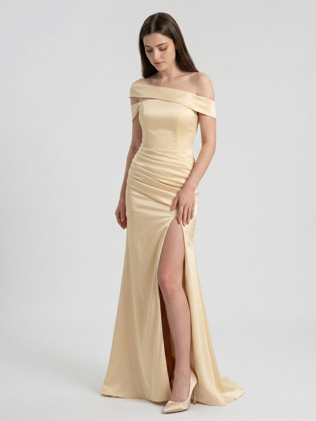 Champagne Satin Mermaid Off-Shoulder Zip-Back Floor-Length Bridesmaid Dress with Pleats