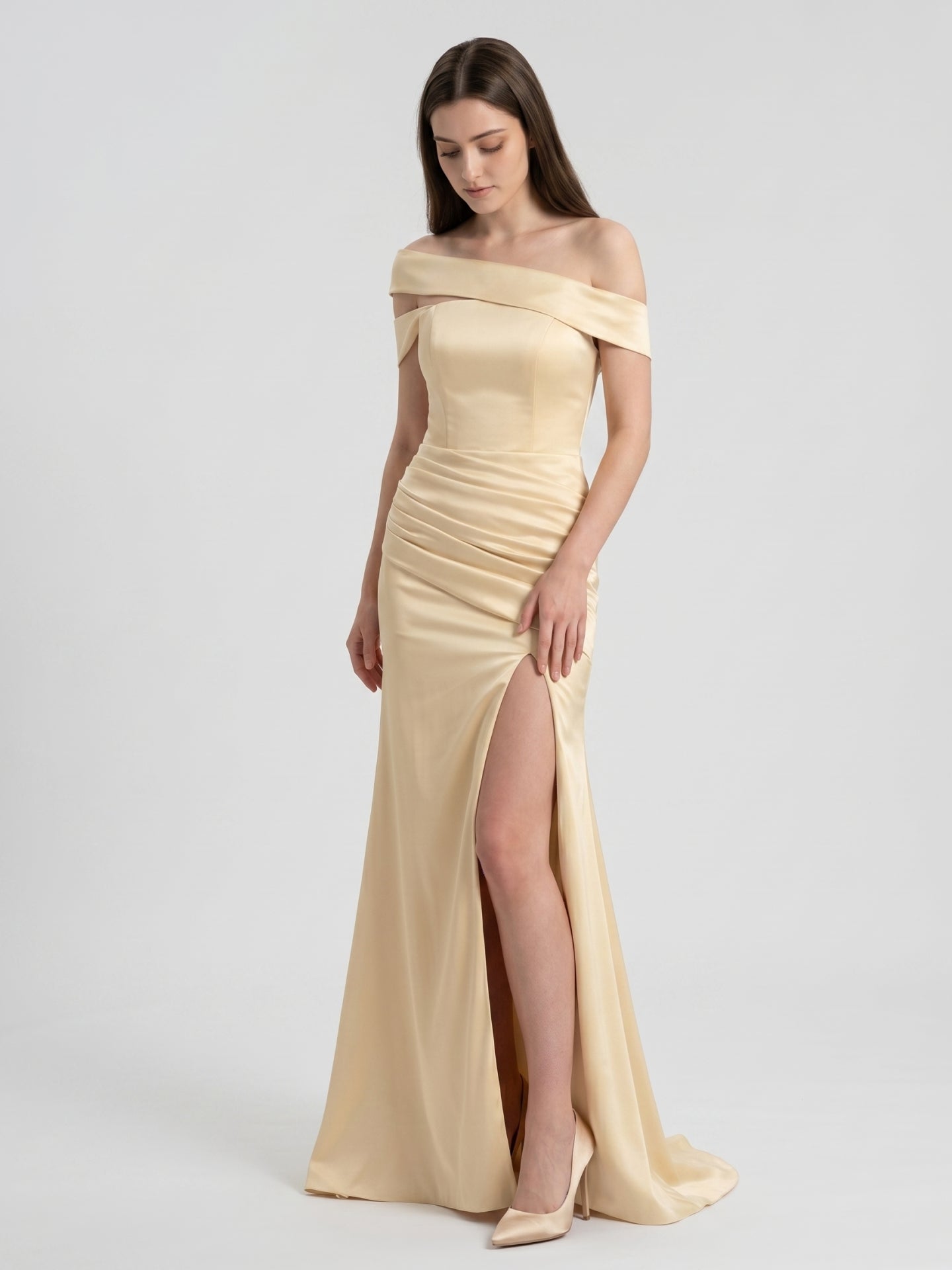 Champagne Satin Mermaid Off-Shoulder Zip-Back Floor-Length Bridesmaid Dress with Pleats