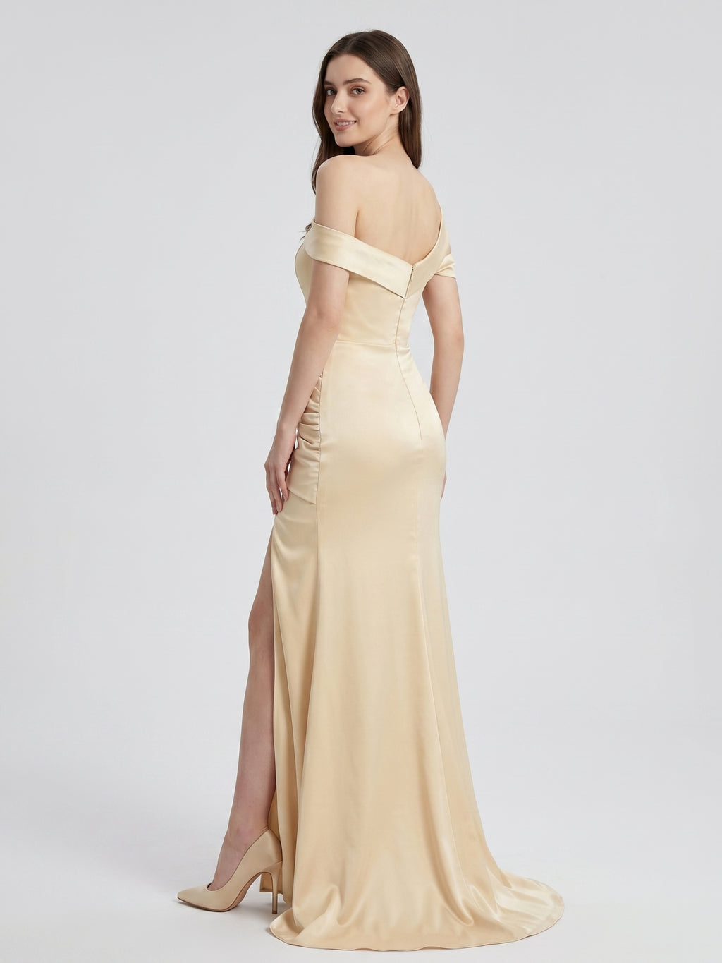 Champagne Satin Mermaid Off-Shoulder Zip-Back Floor-Length Bridesmaid Dress with Pleats