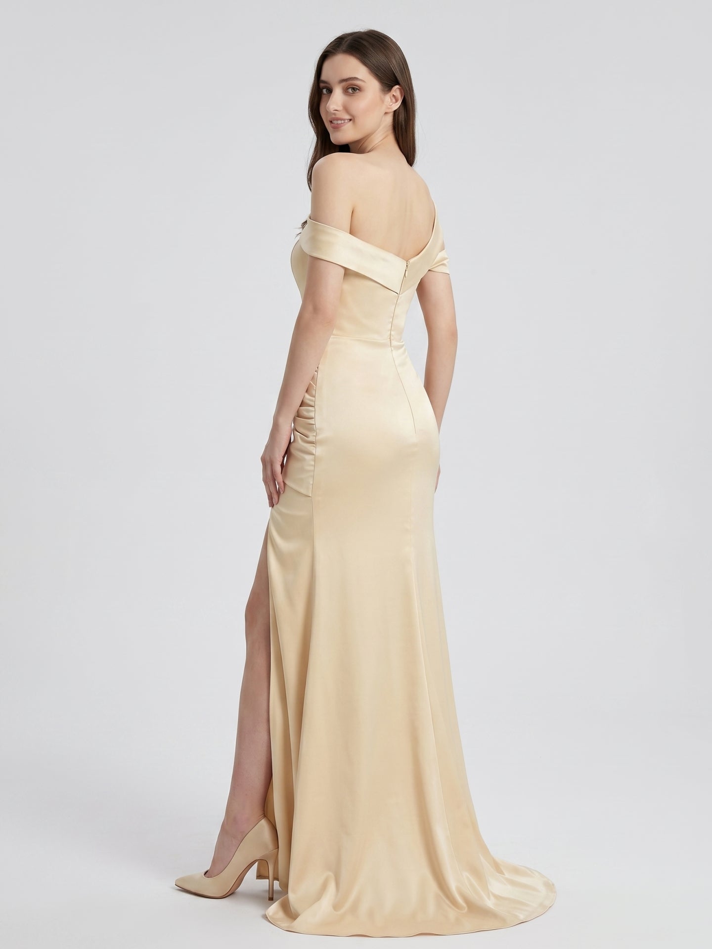 Champagne Satin Mermaid Off-Shoulder Zip-Back Floor-Length Bridesmaid Dress with Pleats