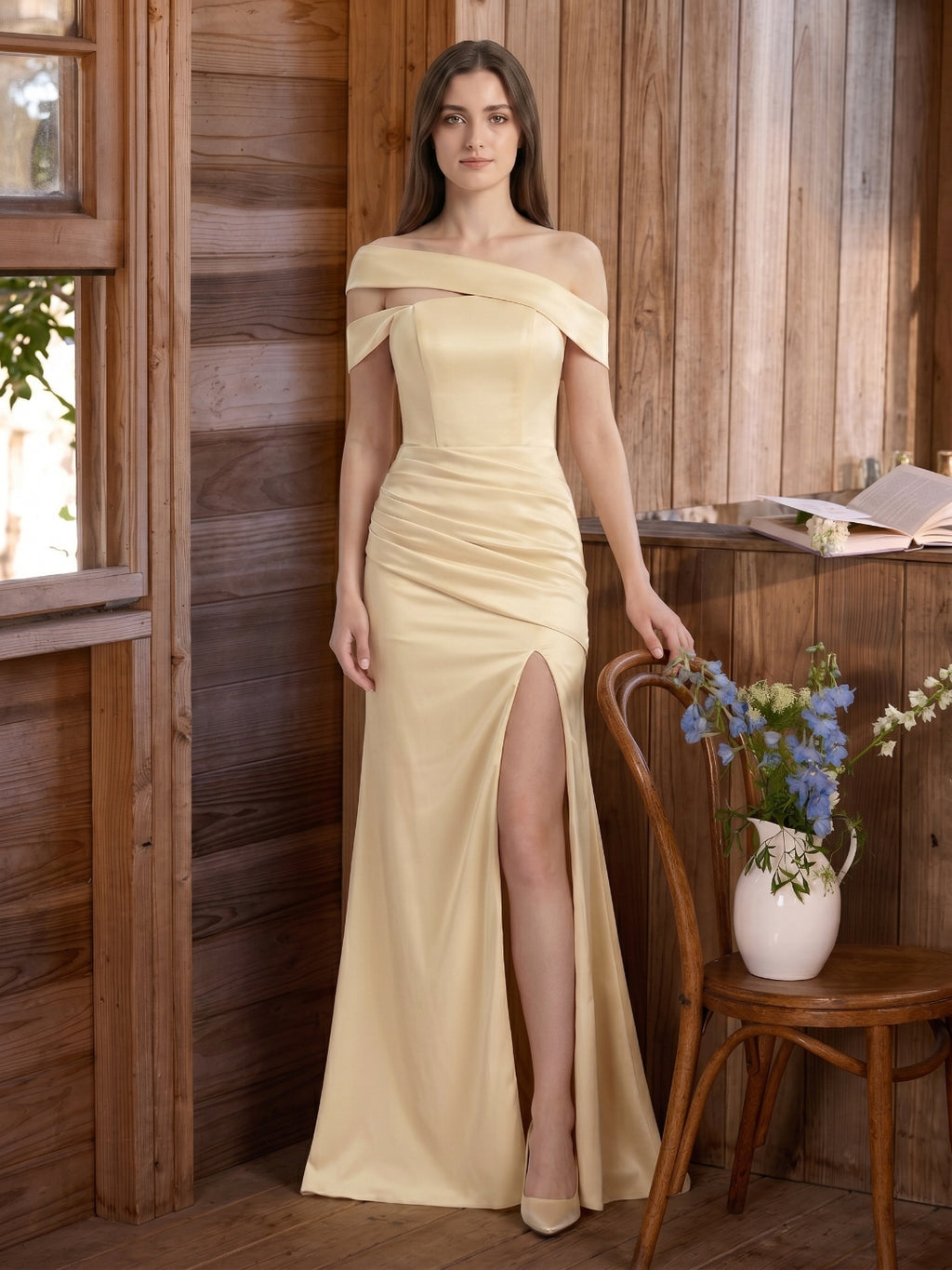 Champagne Satin Mermaid Off-Shoulder Zip-Back Floor-Length Bridesmaid Dress with Pleats