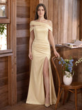 Champagne Satin Mermaid Off-Shoulder Zip-Back Floor-Length Bridesmaid Dress with Pleats