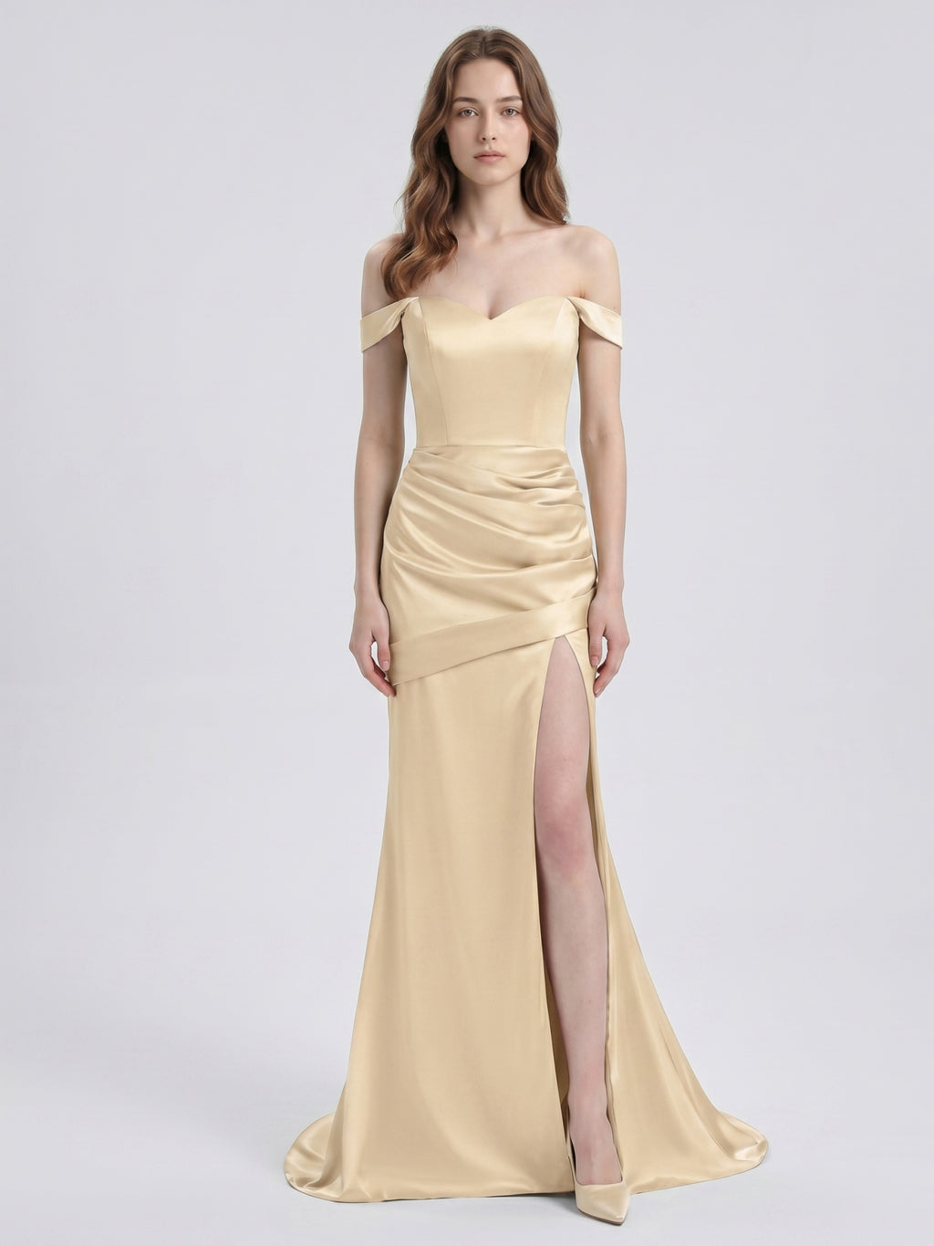 Champagne Satin Mermaid Off-the-Shoulder Back Zip Floor-Length Bridesmaid Dress