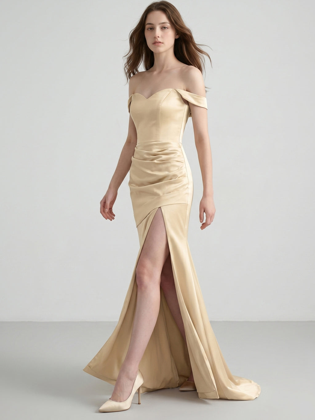 Champagne Satin Mermaid Off-the-Shoulder Back Zip Floor-Length Bridesmaid Dress
