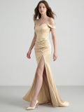 Champagne Satin Mermaid Off-the-Shoulder Back Zip Floor-Length Bridesmaid Dress