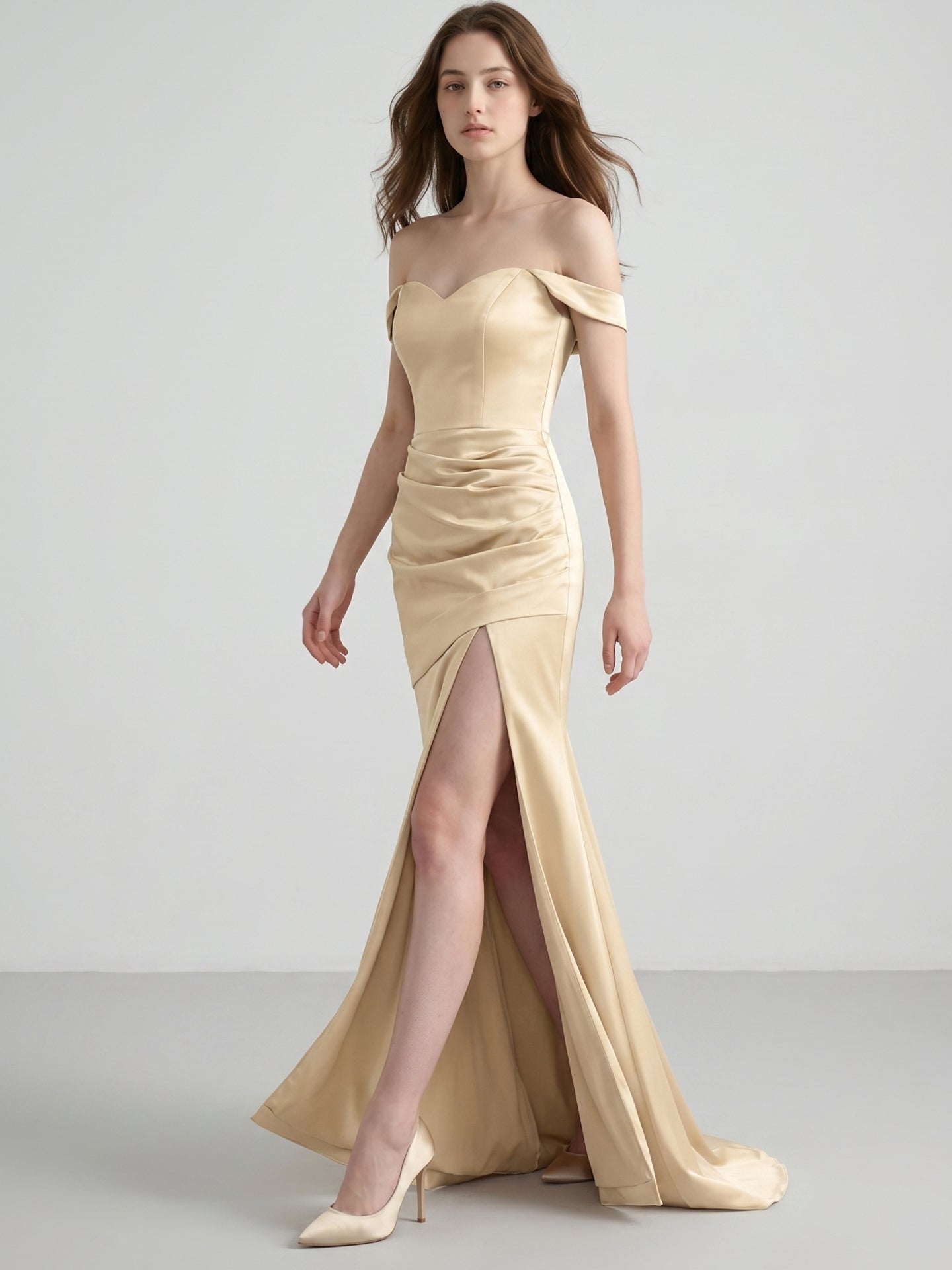 Champagne Satin Mermaid Off-the-Shoulder Back Zip Floor-Length Bridesmaid Dress