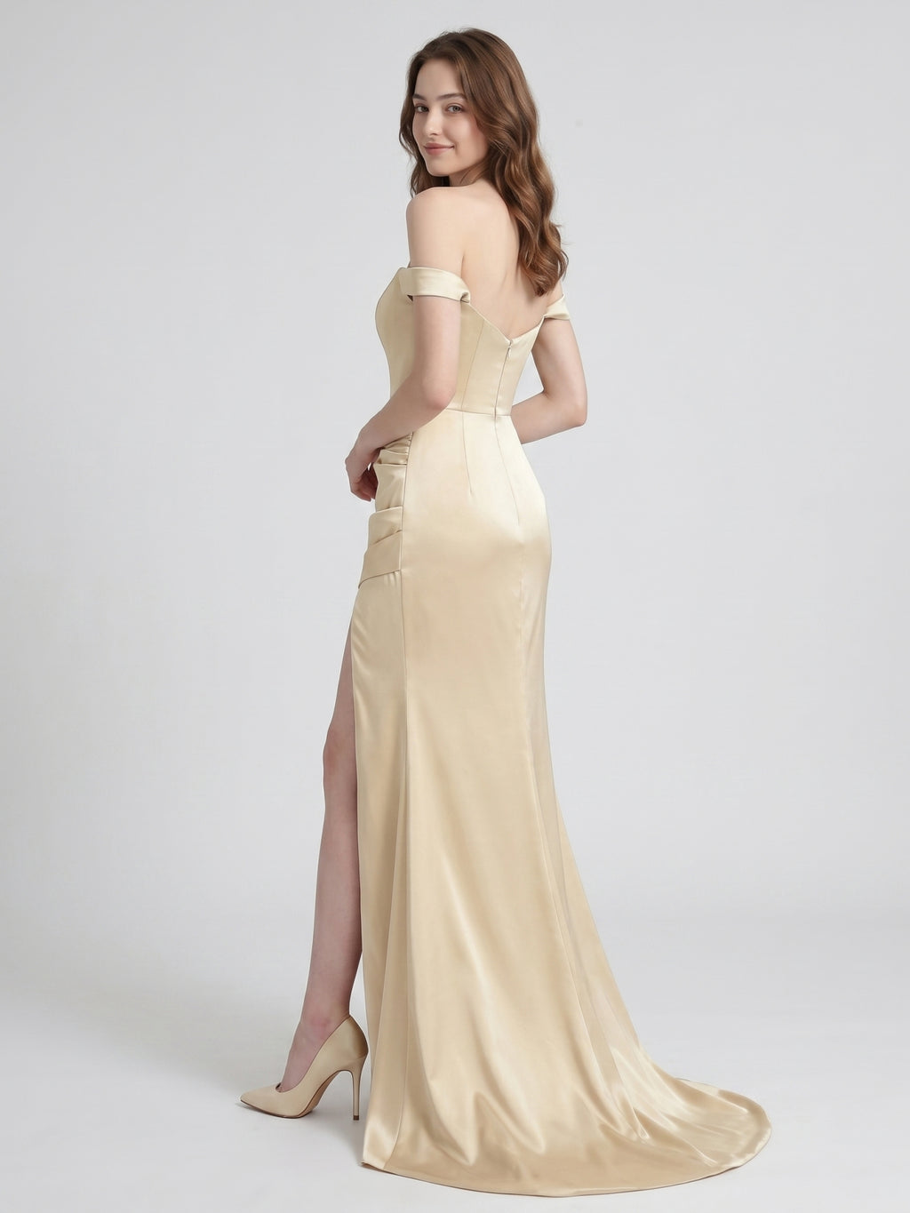 Champagne Satin Mermaid Off-the-Shoulder Back Zip Floor-Length Bridesmaid Dress