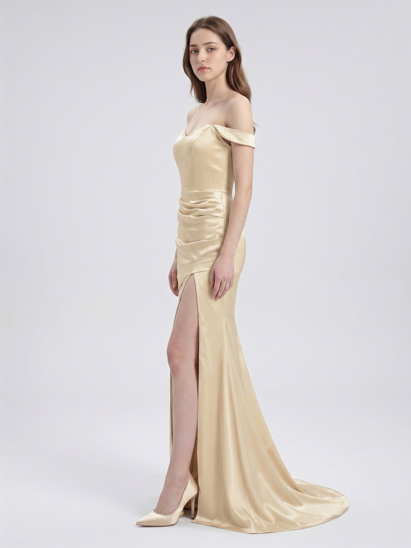 Champagne Satin Mermaid Off-the-Shoulder Back Zip Floor-Length Bridesmaid Dress
