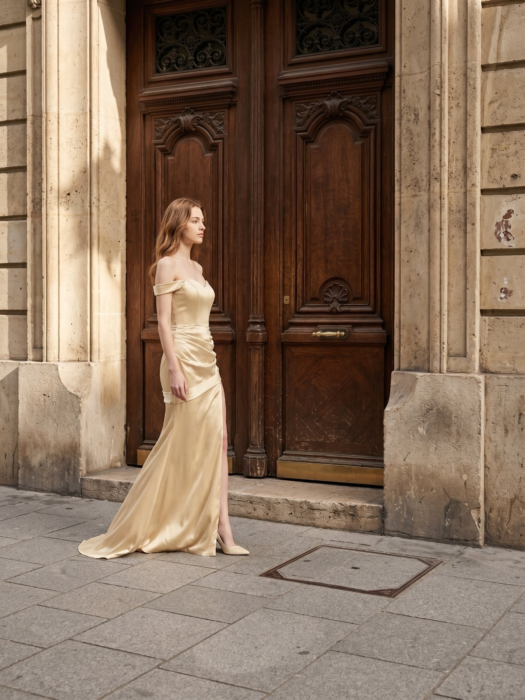 Champagne Satin Mermaid Off-the-Shoulder Back Zip Floor-Length Bridesmaid Dress