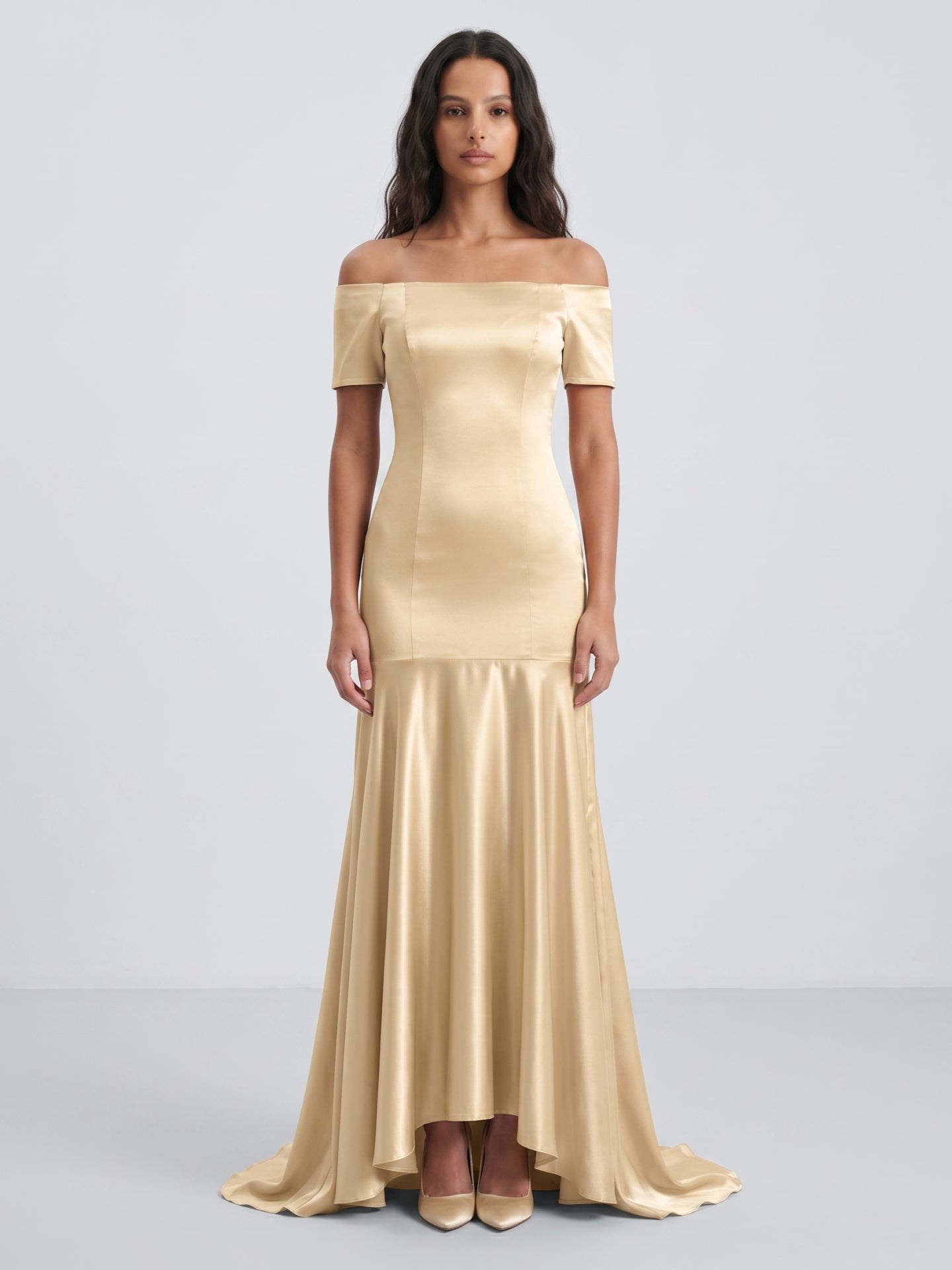 Champagne Satin Mermaid Off-the-Shoulder Back Zip Floor-Length Bridesmaid Dress with Pleats