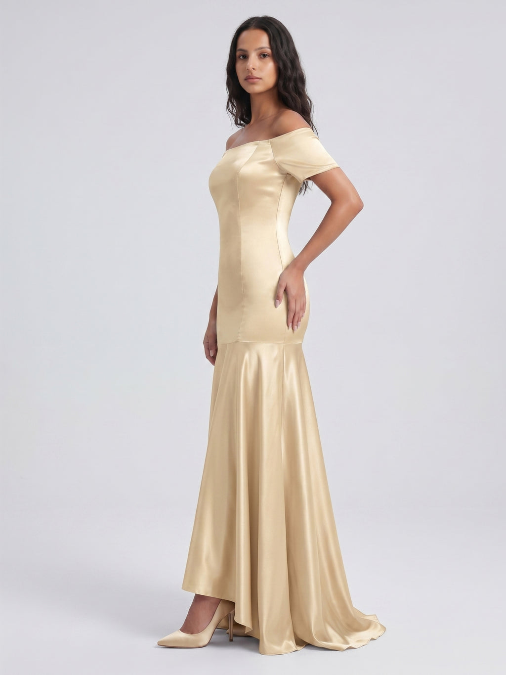 Champagne Satin Mermaid Off-the-Shoulder Back Zip Floor-Length Bridesmaid Dress with Pleats