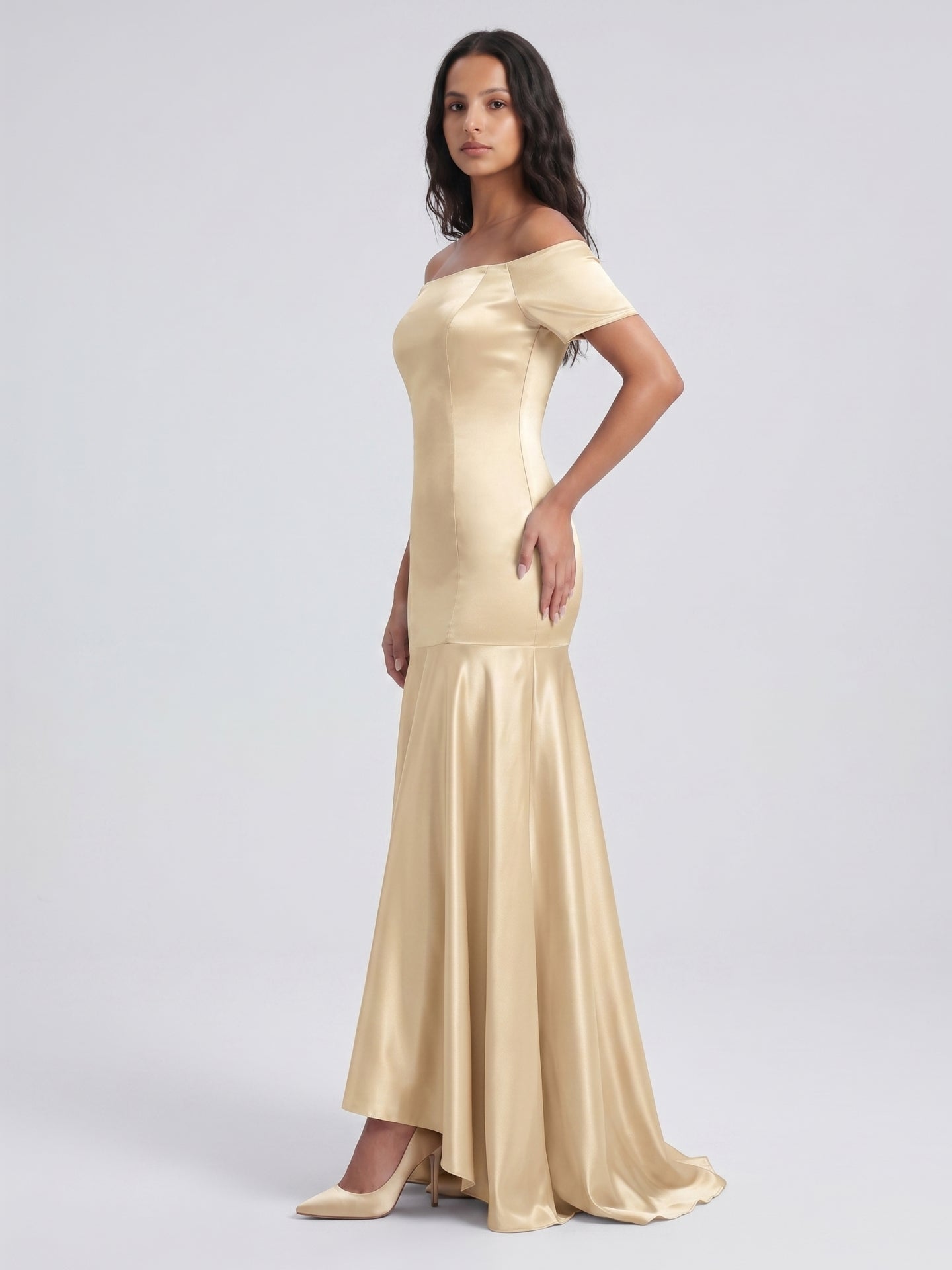 Champagne Satin Mermaid Off-the-Shoulder Back Zip Floor-Length Bridesmaid Dress with Pleats