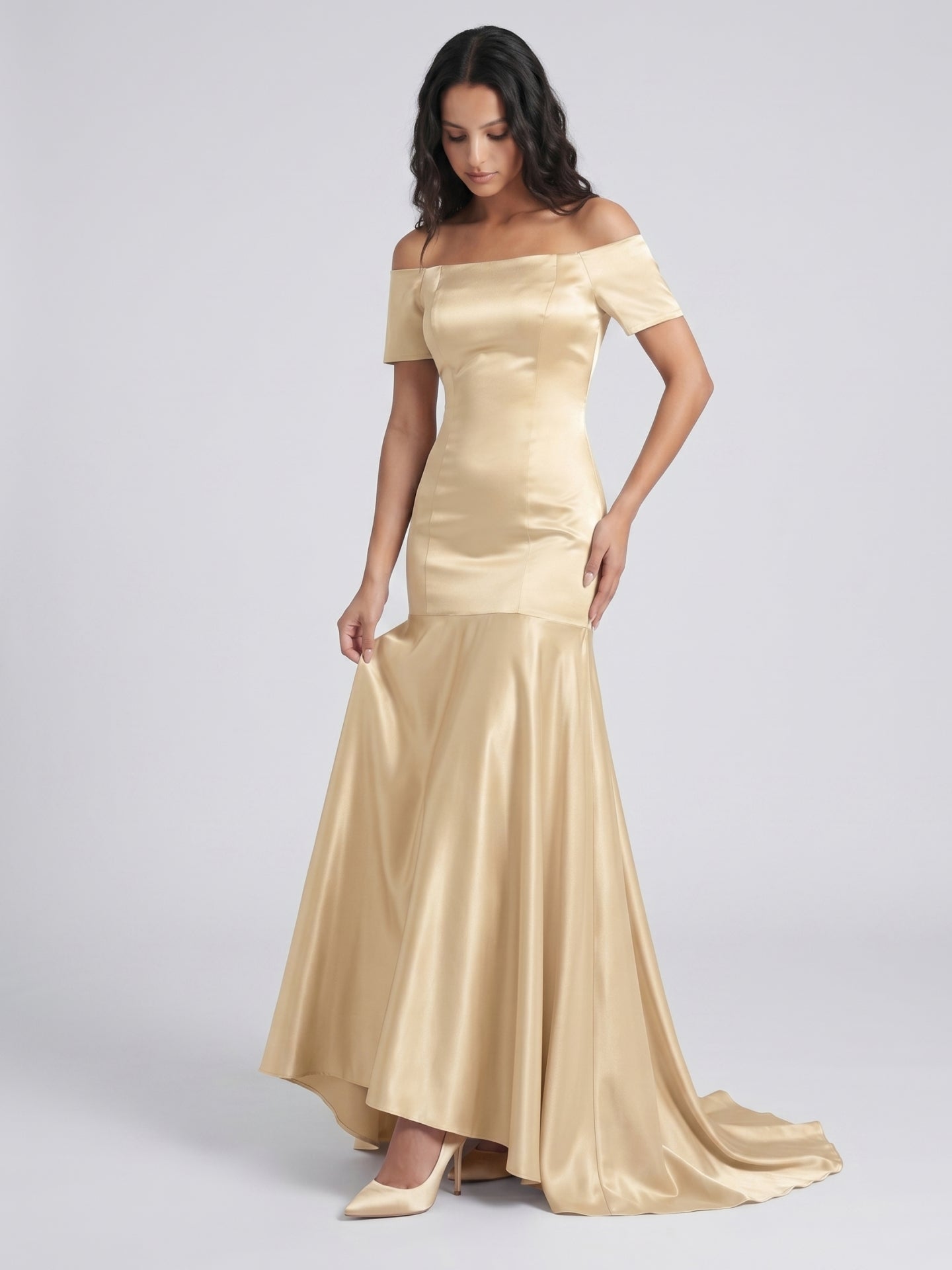 Champagne Satin Mermaid Off-the-Shoulder Back Zip Floor-Length Bridesmaid Dress with Pleats