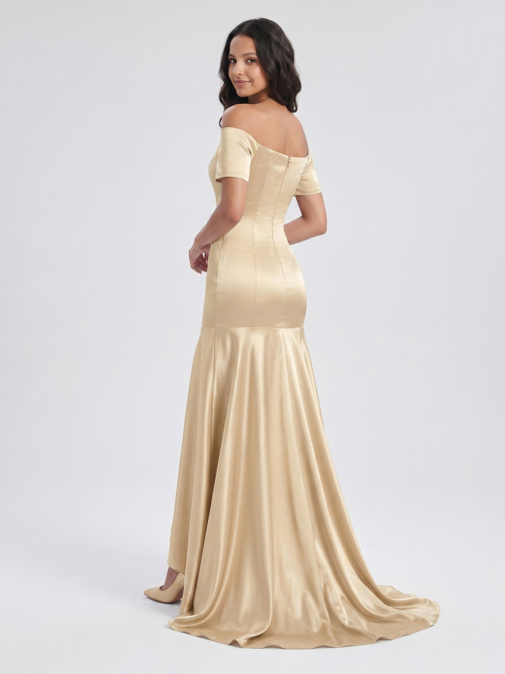 Champagne Satin Mermaid Off-the-Shoulder Back Zip Floor-Length Bridesmaid Dress with Pleats