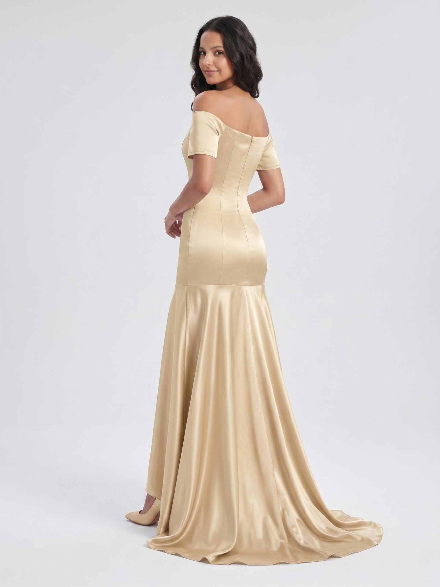 Champagne Satin Mermaid Off-the-Shoulder Back Zip Floor-Length Bridesmaid Dress with Pleats