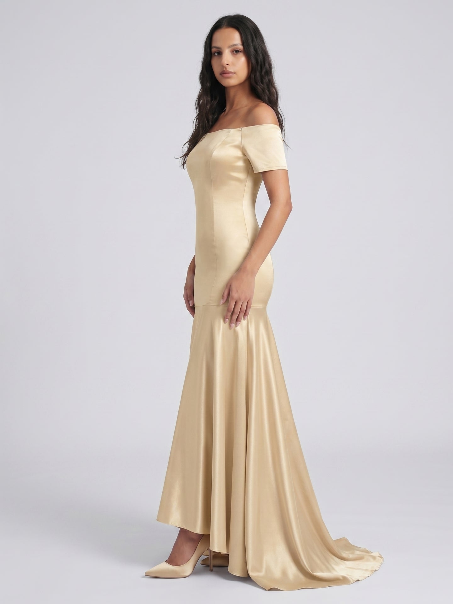 Champagne Satin Mermaid Off-the-Shoulder Back Zip Floor-Length Bridesmaid Dress with Pleats