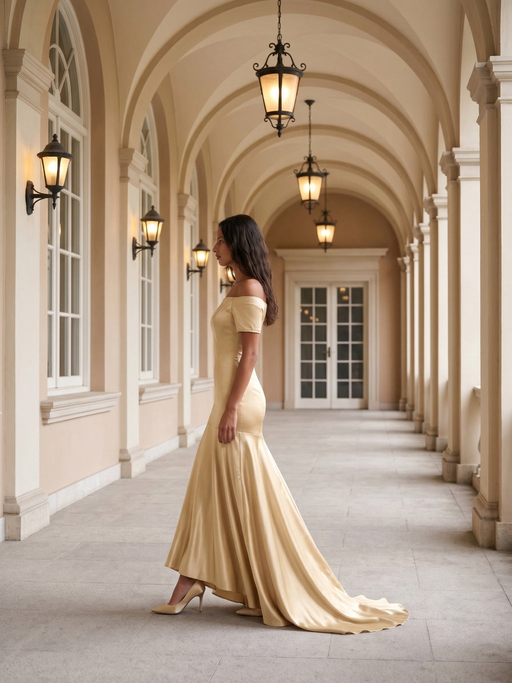 Champagne Satin Mermaid Off-the-Shoulder Back Zip Floor-Length Bridesmaid Dress with Pleats