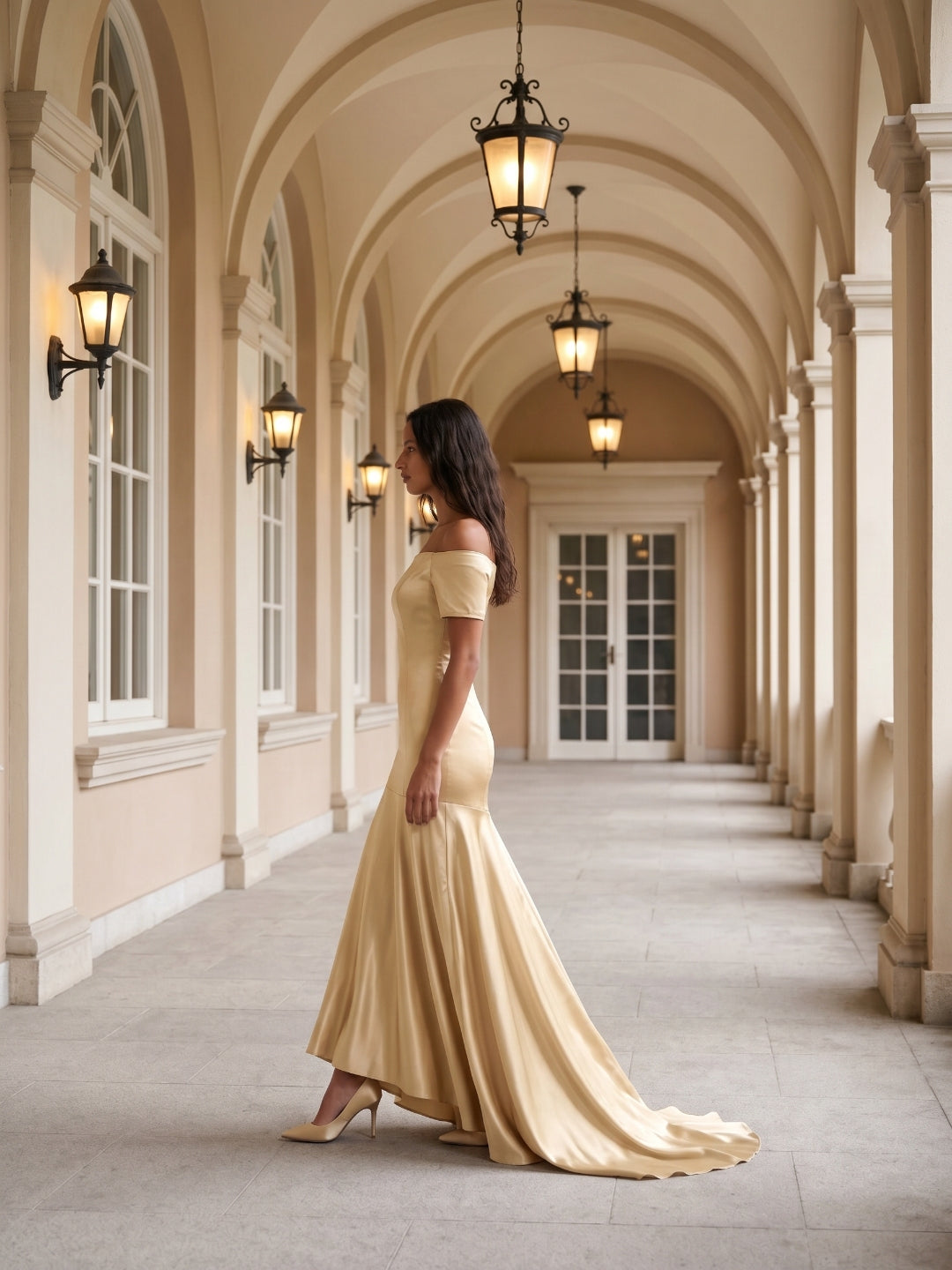 Champagne Satin Mermaid Off-the-Shoulder Back Zip Floor-Length Bridesmaid Dress with Pleats