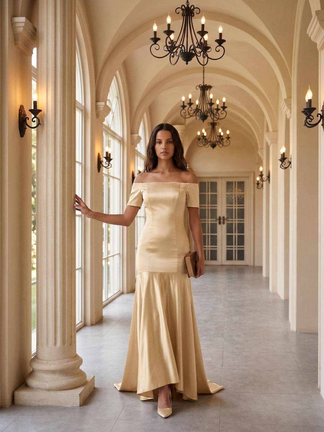 Champagne Satin Mermaid Off-the-Shoulder Back Zip Floor-Length Bridesmaid Dress with Pleats