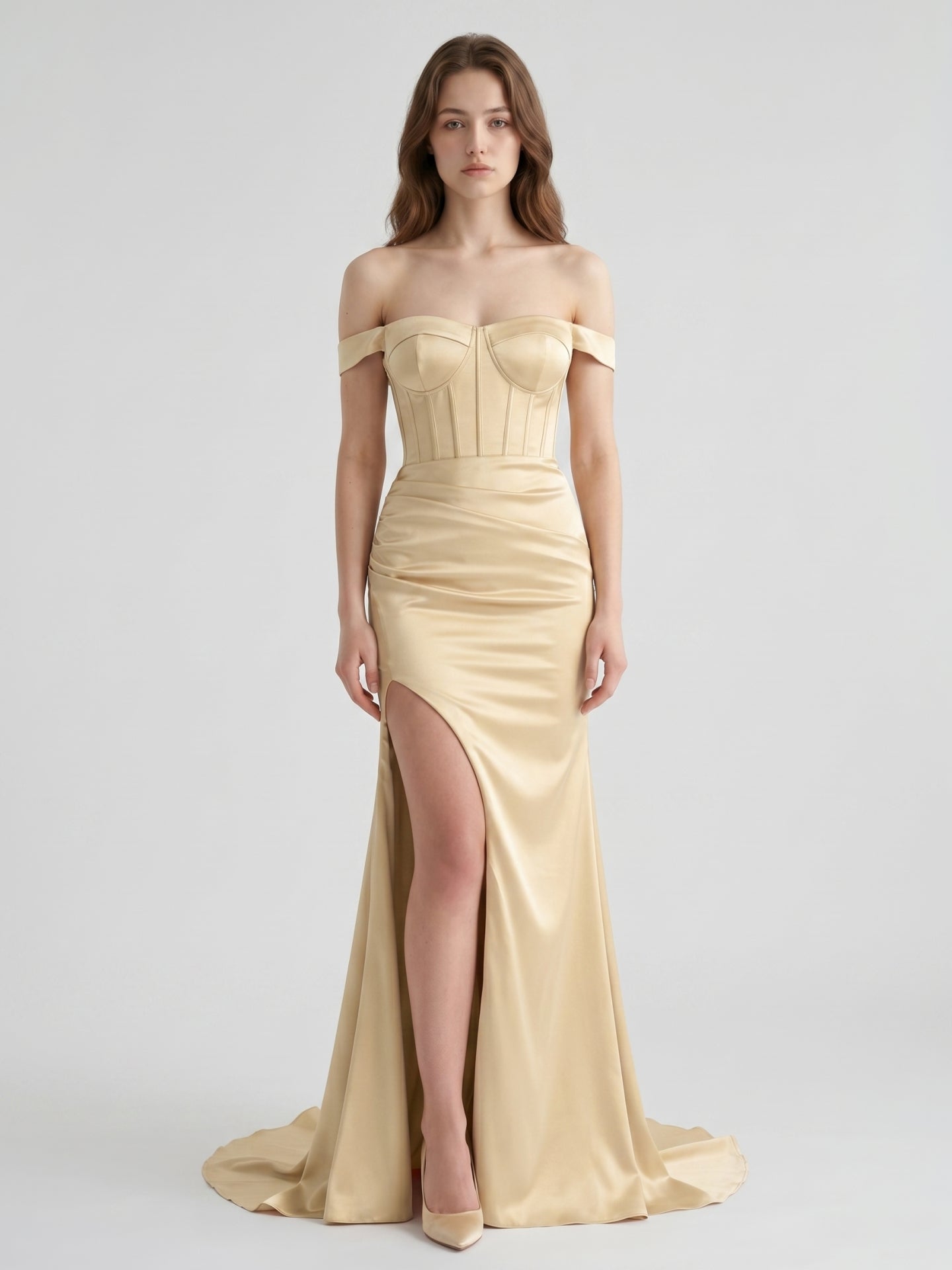 Champagne Satin Mermaid Off-the-Shoulder Corset Back Floor-Length Bridesmaid Dress