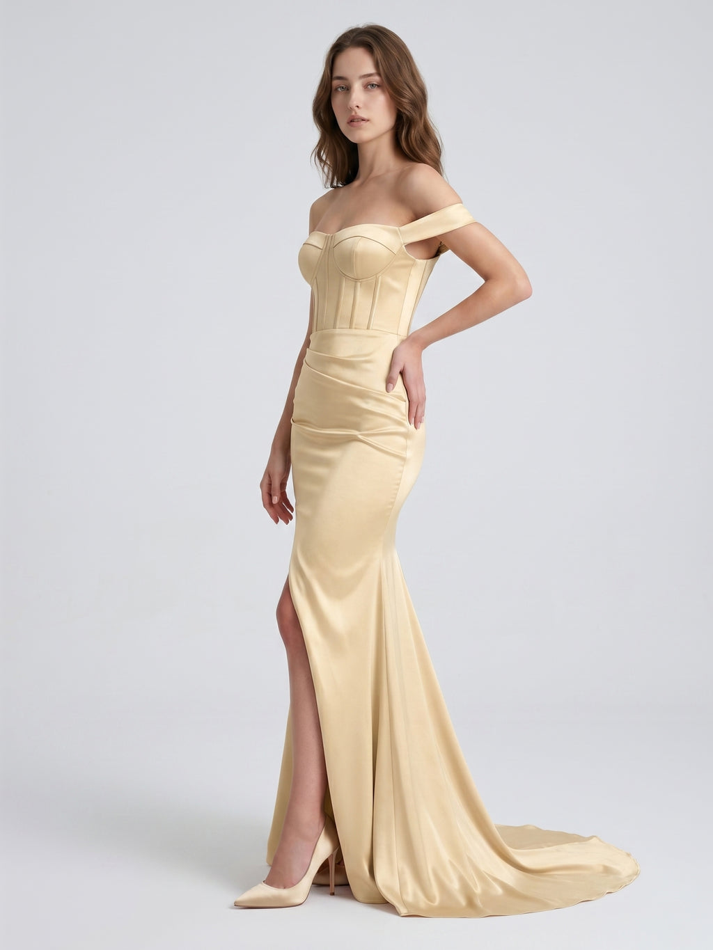 Champagne Satin Mermaid Off-the-Shoulder Corset Back Floor-Length Bridesmaid Dress