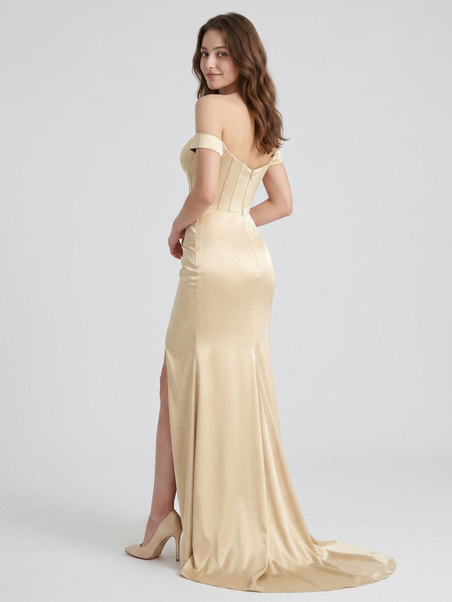 Champagne Satin Mermaid Off-the-Shoulder Corset Back Floor-Length Bridesmaid Dress
