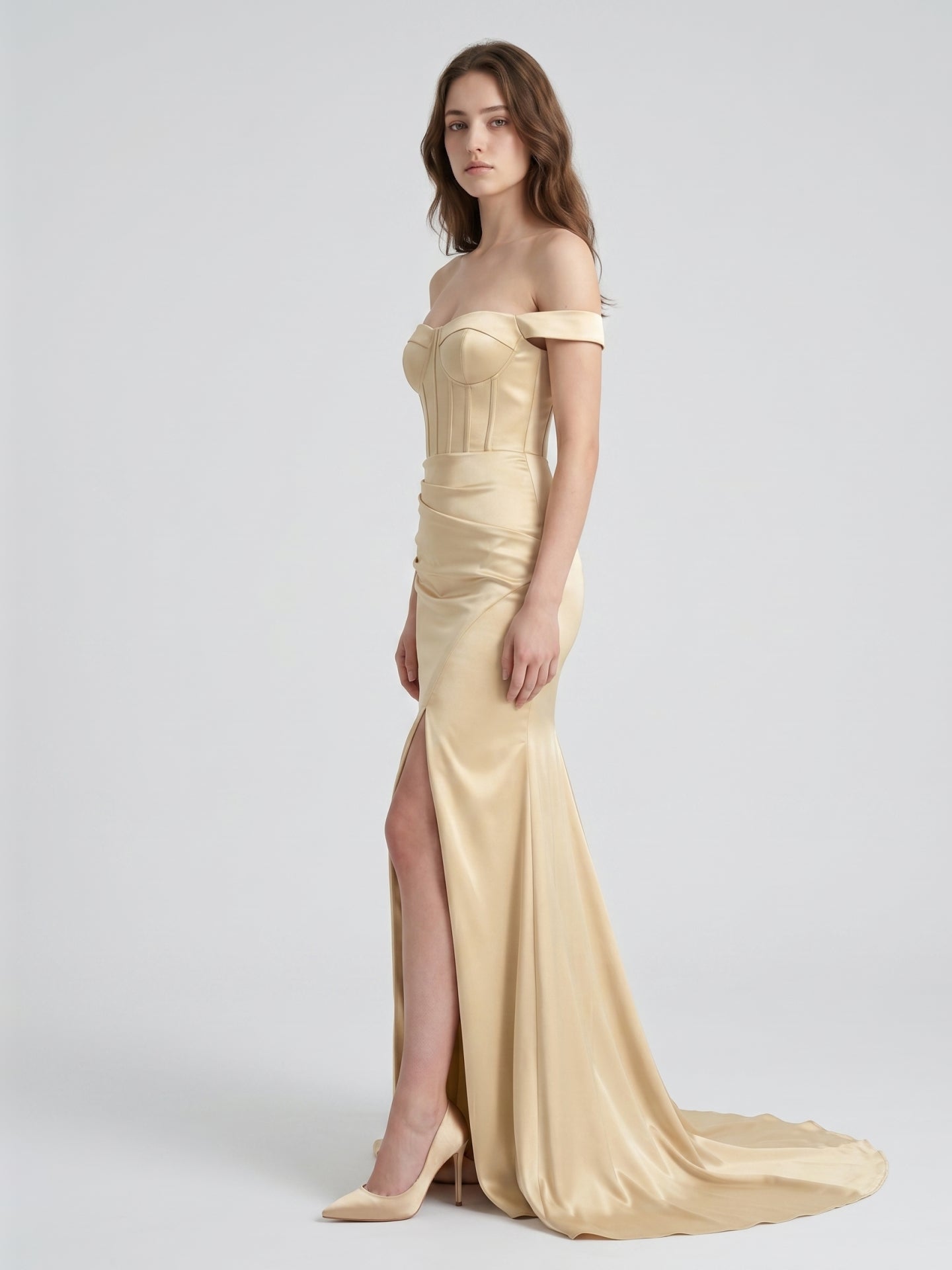 Champagne Satin Mermaid Off-the-Shoulder Corset Back Floor-Length Bridesmaid Dress