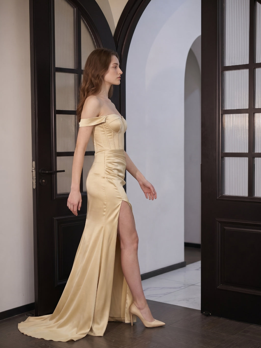 Champagne Satin Mermaid Off-the-Shoulder Corset Back Floor-Length Bridesmaid Dress