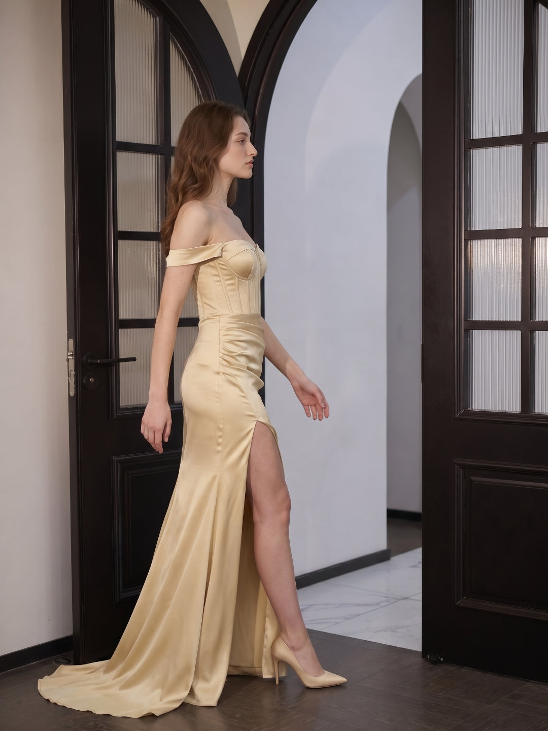Champagne Satin Mermaid Off-the-Shoulder Corset Back Floor-Length Bridesmaid Dress