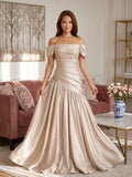 Champagne Satin Mermaid Off-the-Shoulder Lace-up Floor-Length Dress