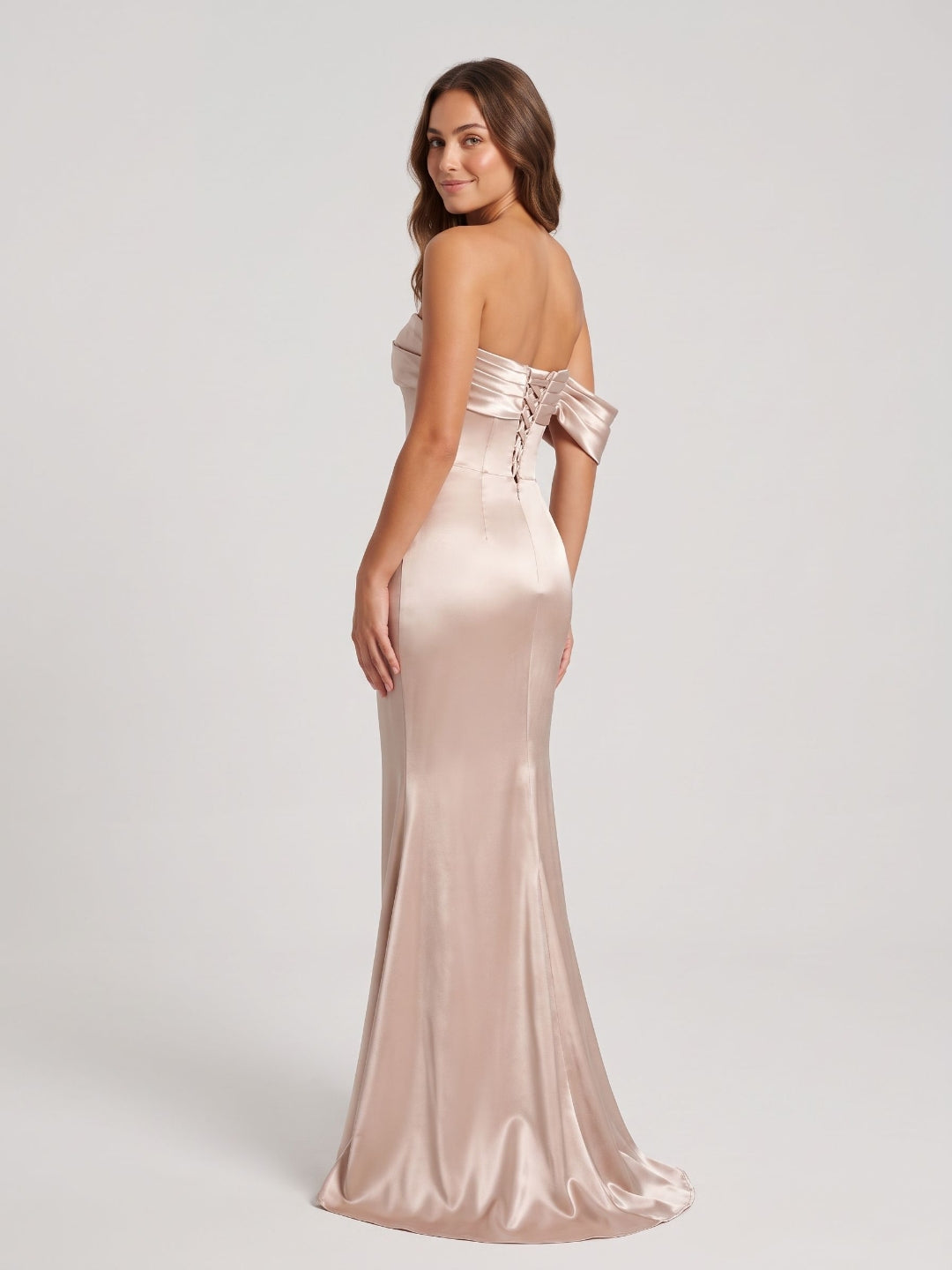Champagne Satin Mermaid Off-the-Shoulder Lace-up Floor-Length Evening Dress