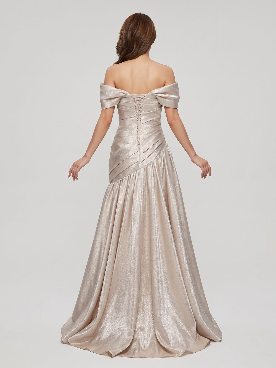 Champagne Satin Mermaid Off-the-Shoulder Lace-up Floor-Length Dress
