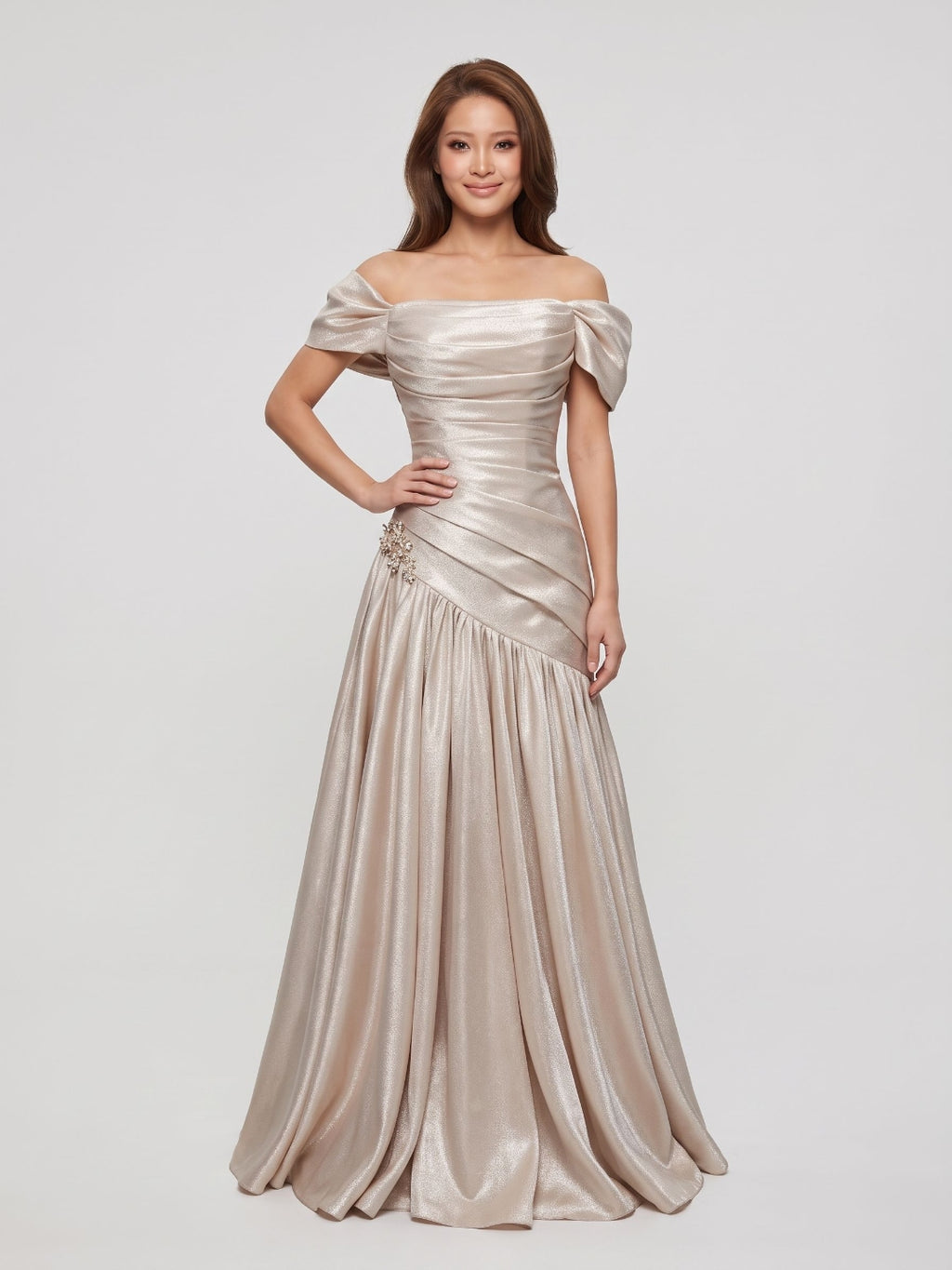 Champagne Satin Mermaid Off-the-Shoulder Lace-up Floor-Length Dress