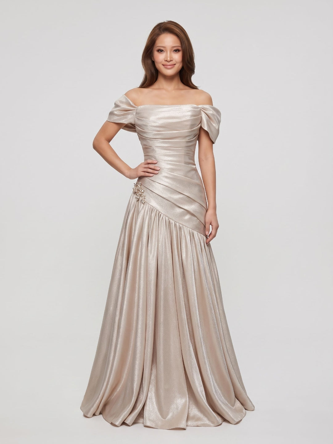 Champagne Satin Mermaid Off-the-Shoulder Lace-up Floor-Length Dress