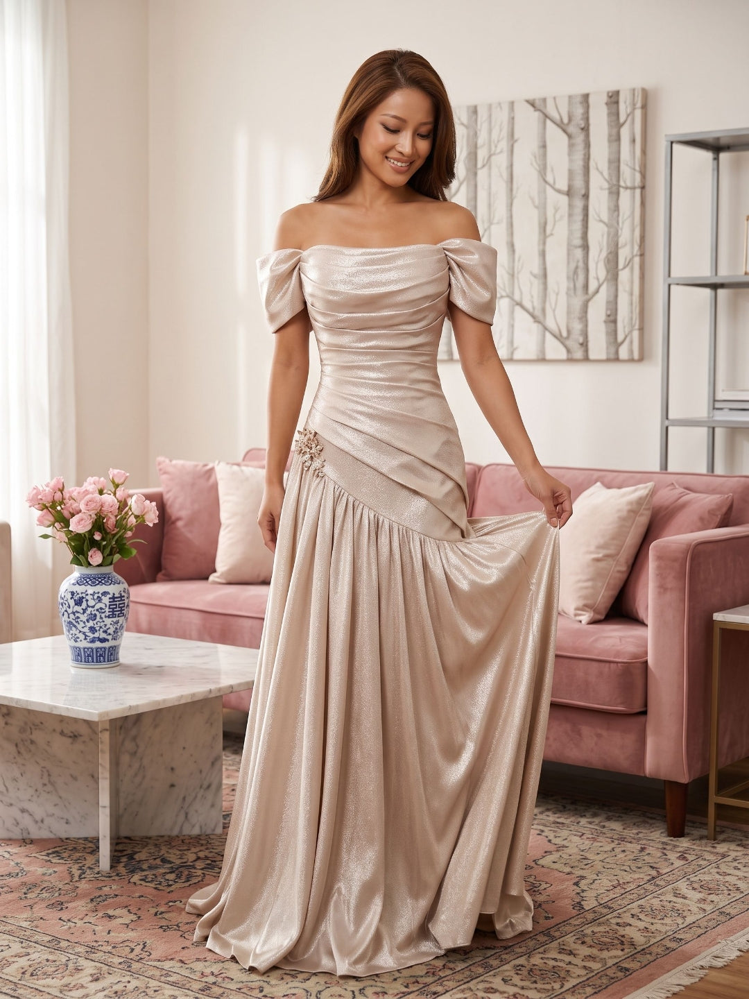 Champagne Satin Mermaid Off-the-Shoulder Lace-up Floor-Length Dress