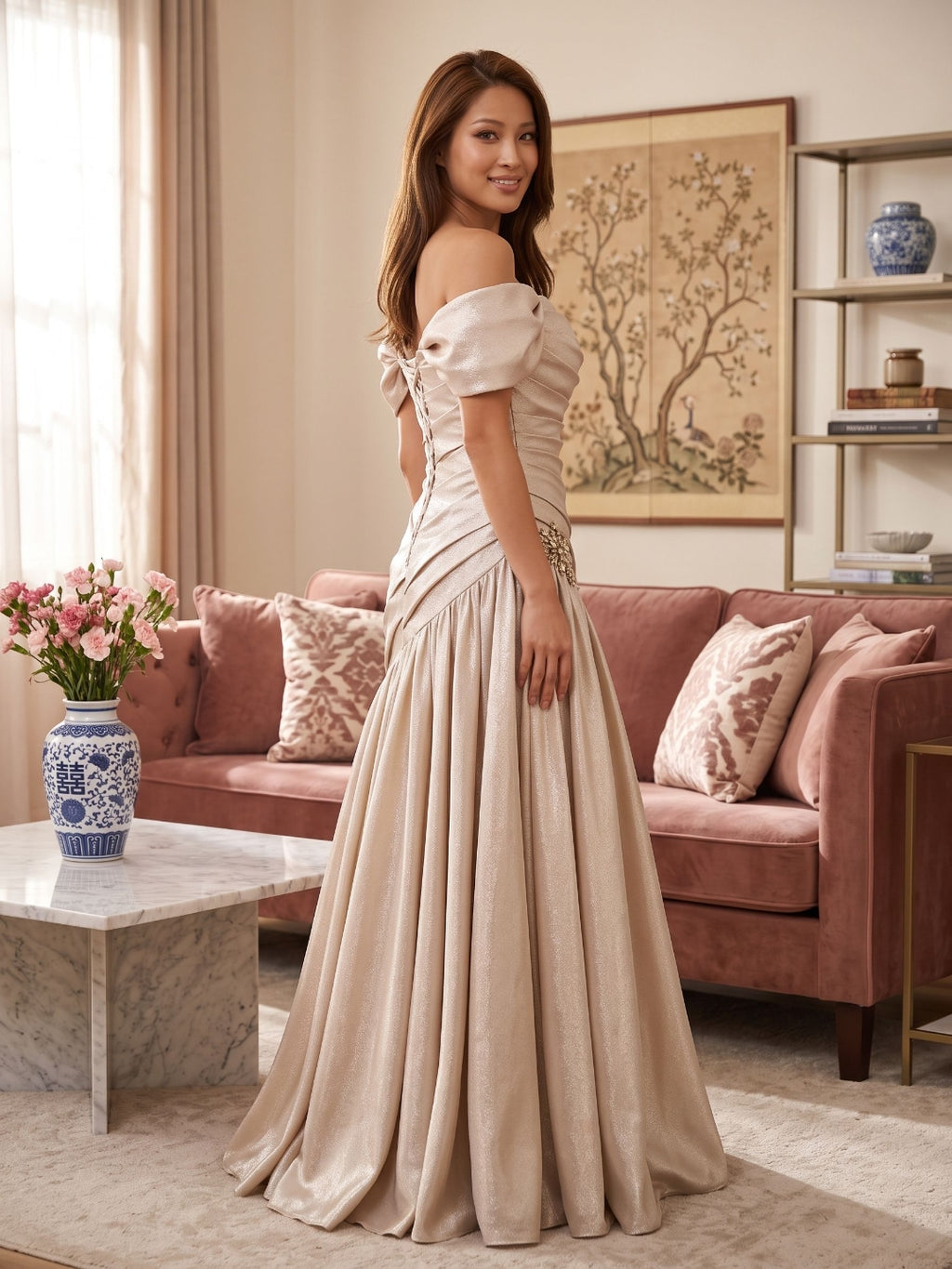 Champagne Satin Mermaid Off-the-Shoulder Lace-up Floor-Length Dress