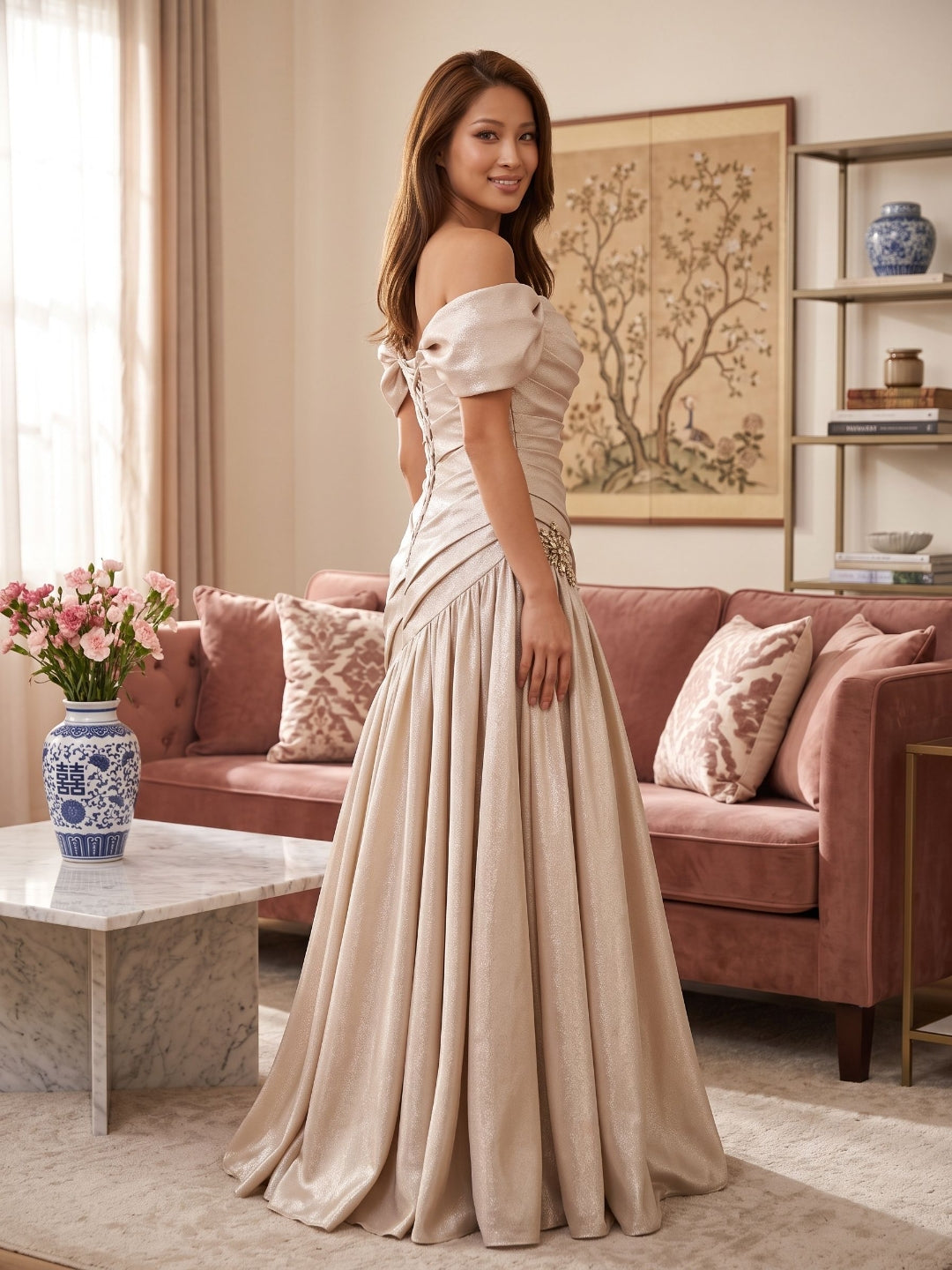 Champagne Satin Mermaid Off-the-Shoulder Lace-up Floor-Length Dress