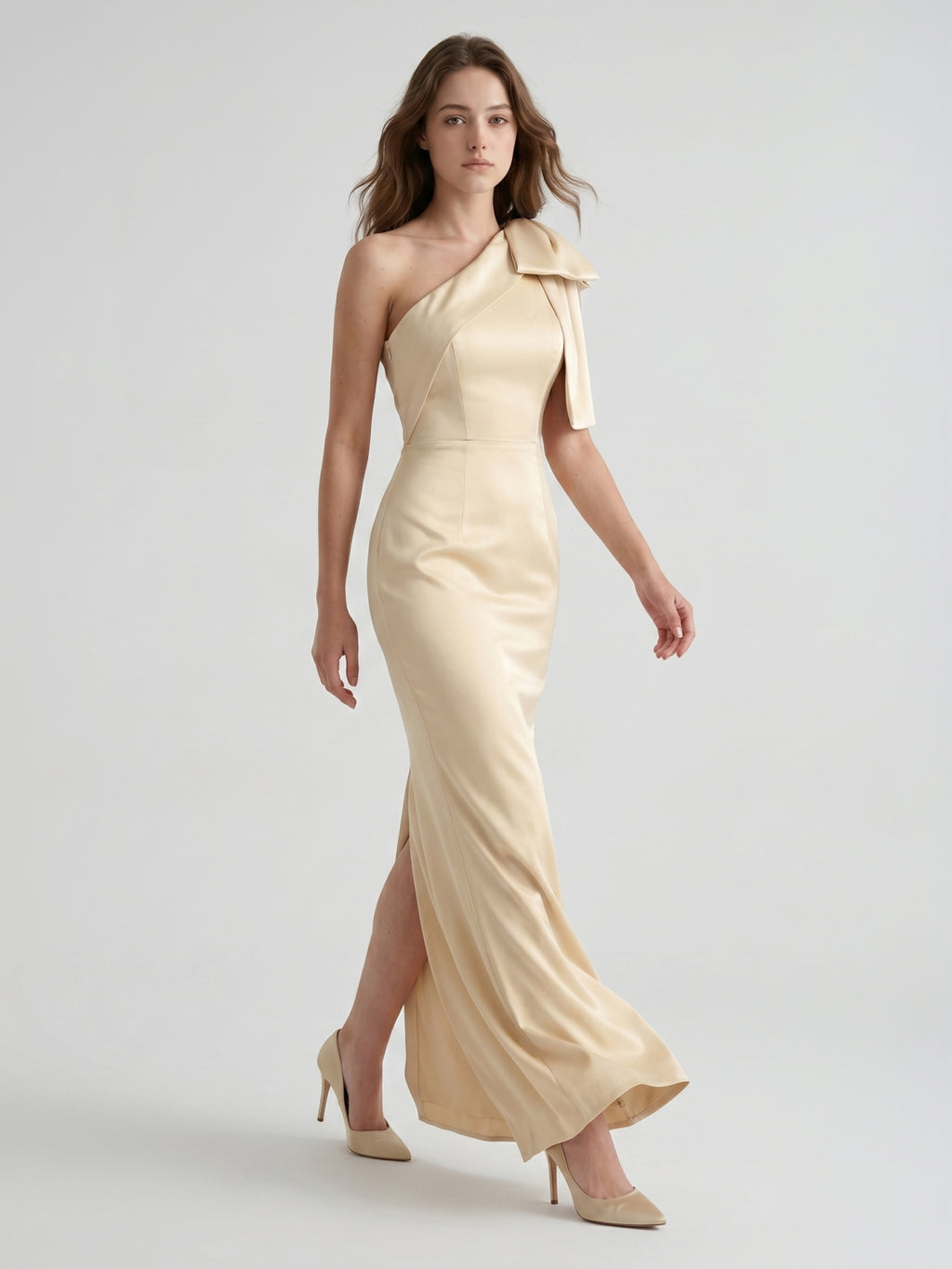 Champagne Satin Mermaid One-Shoulder Side-Zip Floor-Length Bridesmaid Dress with Bow