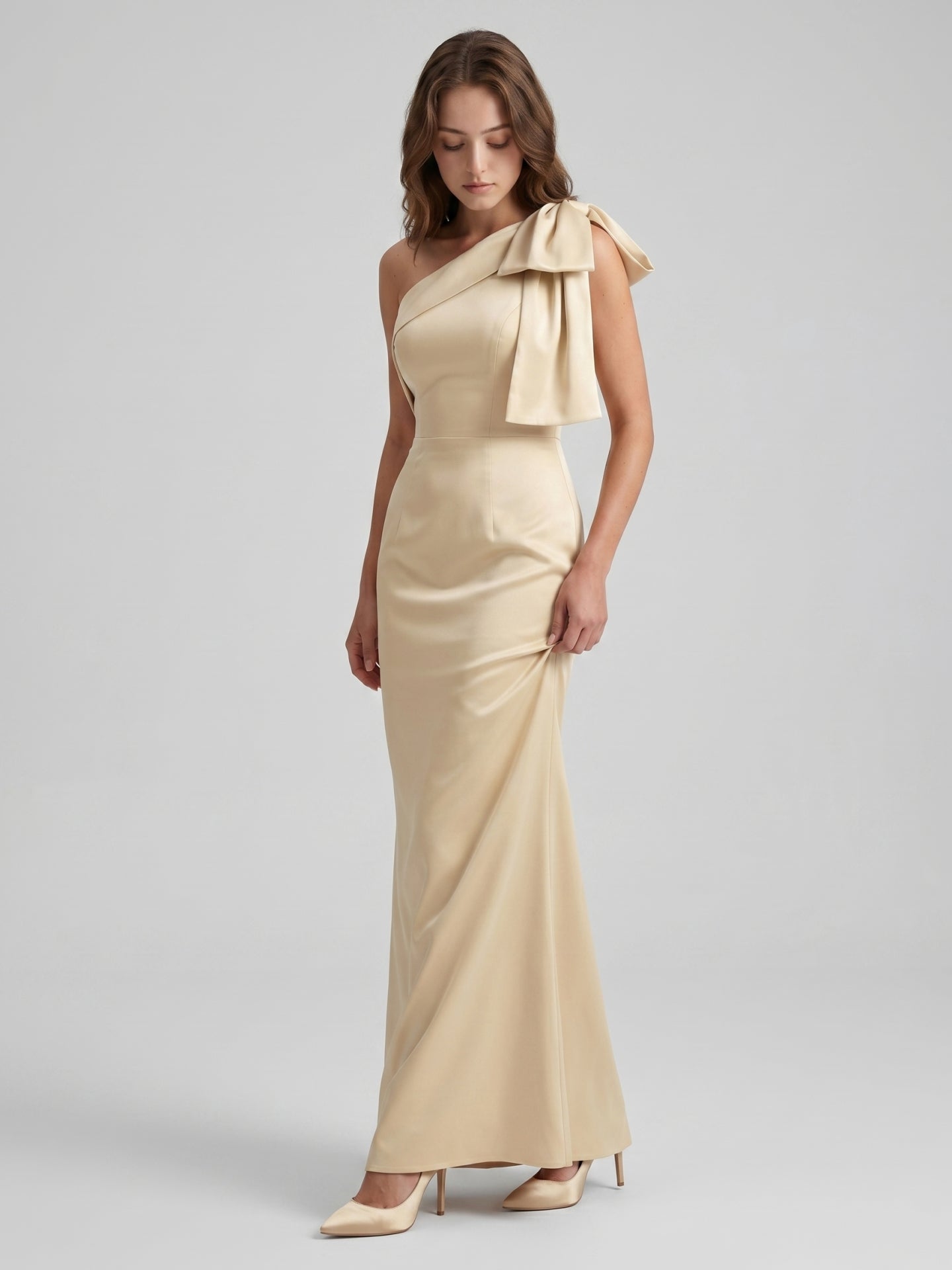 Champagne Satin Mermaid One-Shoulder Side-Zip Floor-Length Bridesmaid Dress with Bow