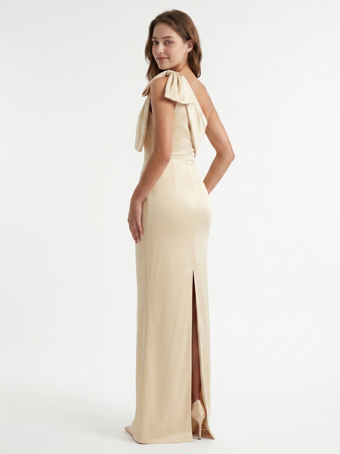 Champagne Satin Mermaid One-Shoulder Side-Zip Floor-Length Bridesmaid Dress with Bow