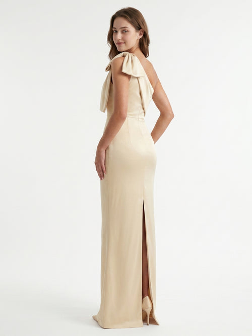 Champagne Satin Mermaid One-Shoulder Side-Zip Floor-Length Bridesmaid Dress with Bow