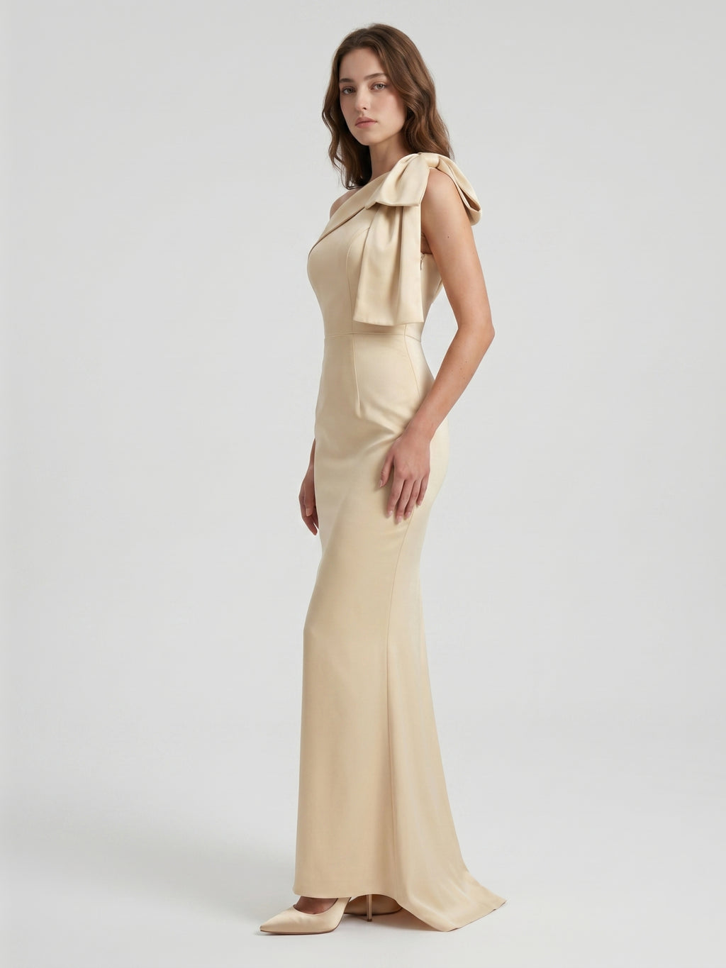Champagne Satin Mermaid One-Shoulder Side-Zip Floor-Length Bridesmaid Dress with Bow