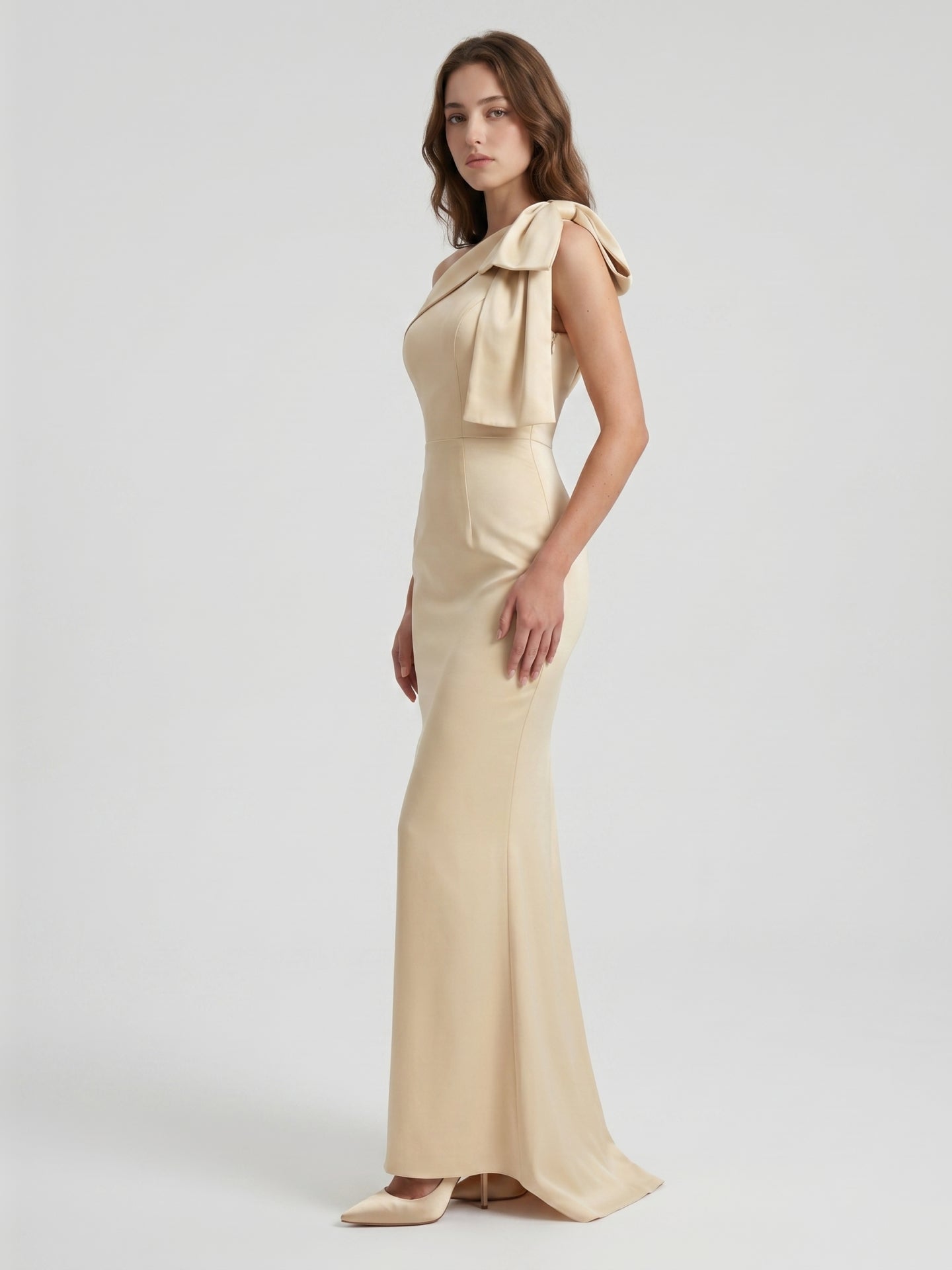 Champagne Satin Mermaid One-Shoulder Side-Zip Floor-Length Bridesmaid Dress with Bow