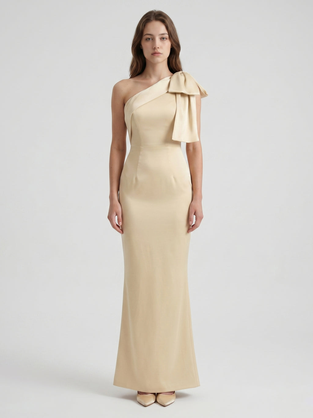 Champagne Satin Mermaid One-Shoulder Side-Zip Floor-Length Bridesmaid Dress with Bow